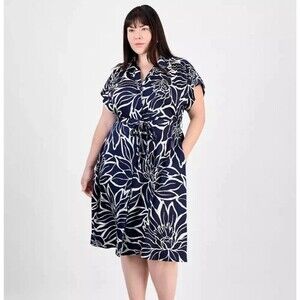 Sandra Darren Floral-Print Navy and White Floral Dress Size 22 (Missing Belt)
